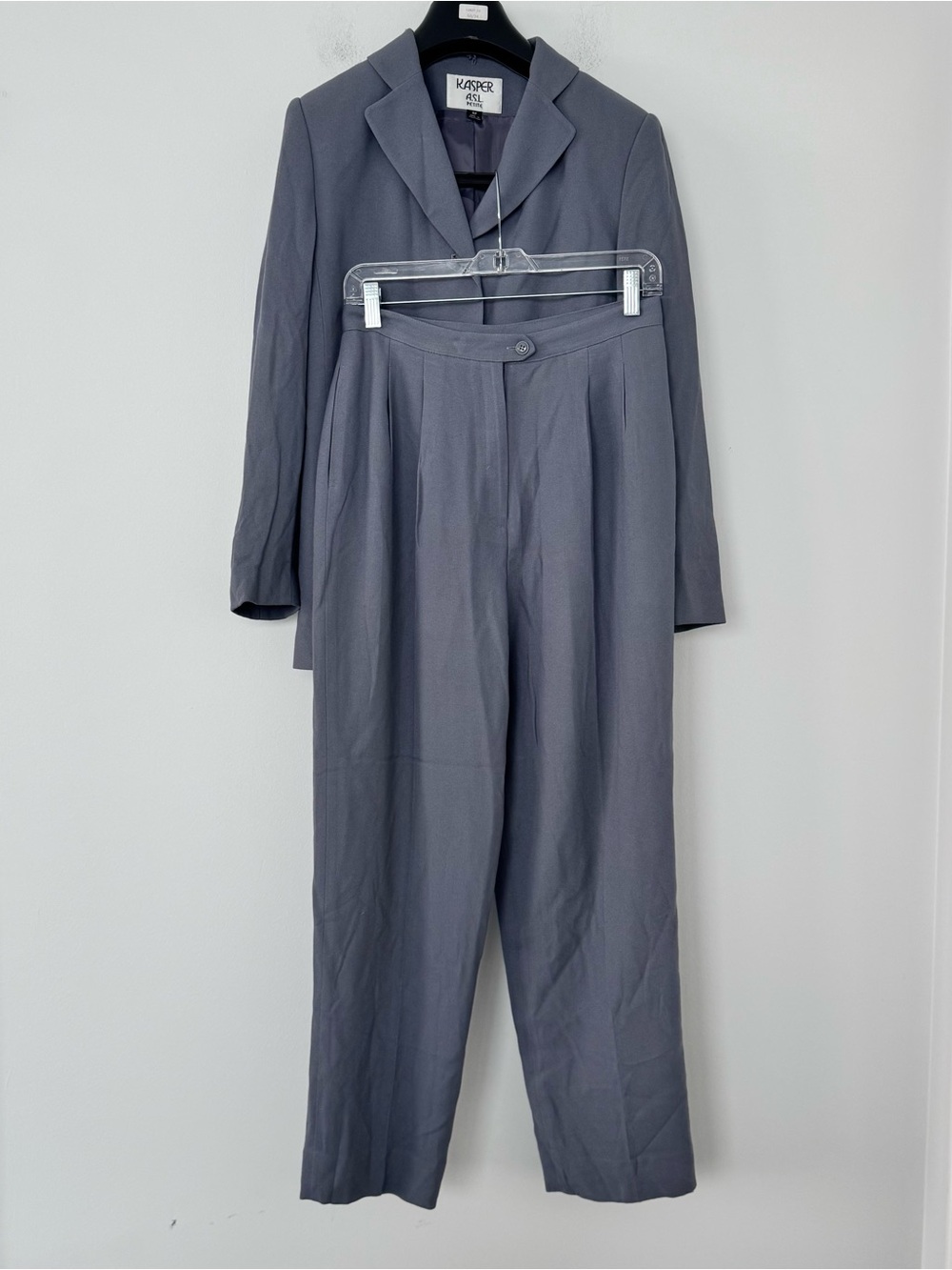 Kasper ASL Petite Pantsuit 8P Slate Blue Gray Blazer Trousers Suit 2 Pc Workwear